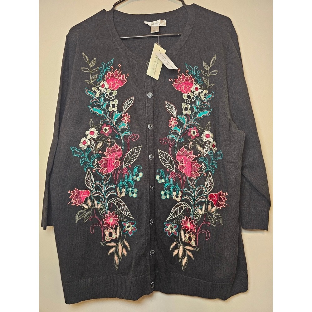 CJ Banks Black Floral Embroidered Button Front Cardigan Sweater 1X NWT